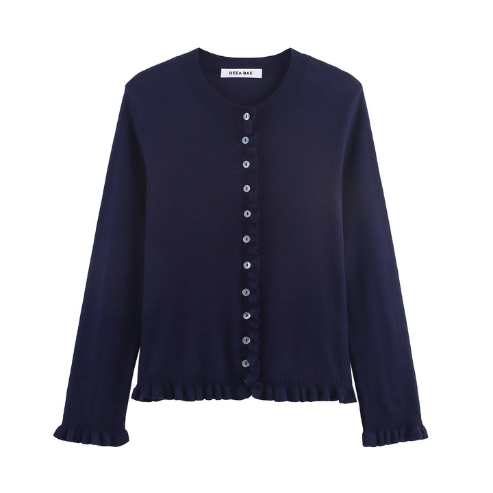 Damen Feiner Strickcardigan mit Rüschenblende und Perlmuttknöpfen Drune