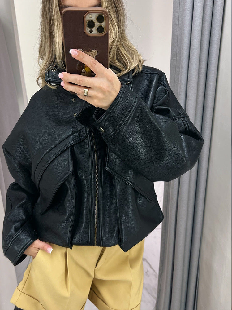 Damen Oversize-Bomberjacke aus strukturiertem Lederimitat mit überlappender Klappenfront Drune