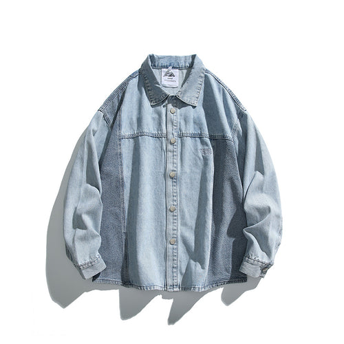 Unisex Oversize-Jeansjacke mit kontrastreichen Webpaneelen und Druckknopfverschluss Drune