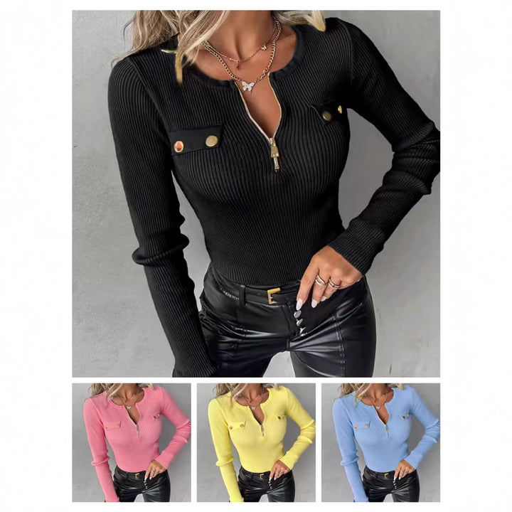 Damen Feinstrick-Longsleeve mit halbem Reißverschluss und Zierpatten Drune