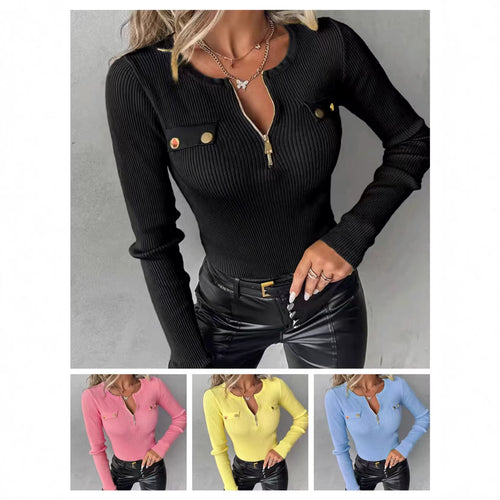 Damen Feinstrick-Longsleeve mit halbem Reißverschluss und Zierpatten Drune