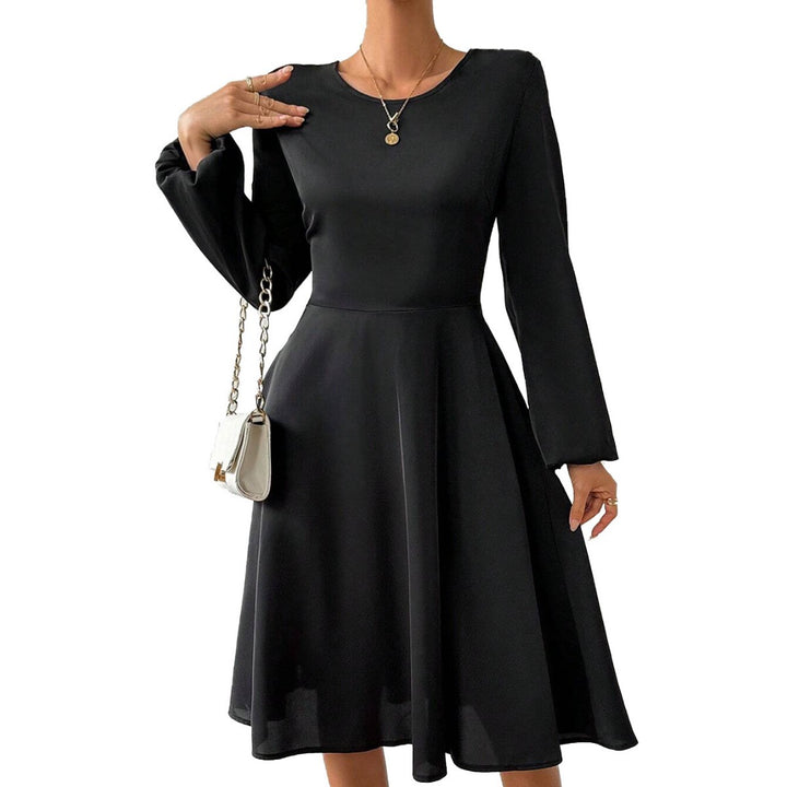 Damen elegantes Midikleid mit taillierter Korsagenoptik ausgestelltem A-Linien-Rock und langen ausgestellten Ärmeln Drune