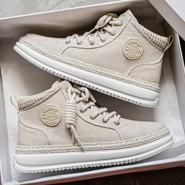 Damen hohe Freizeit‑Sneaker mit meliertem Textilobermaterial, geflochtener Jute‑Zierkante und gedämpfter Plateau‑Sohle Drune