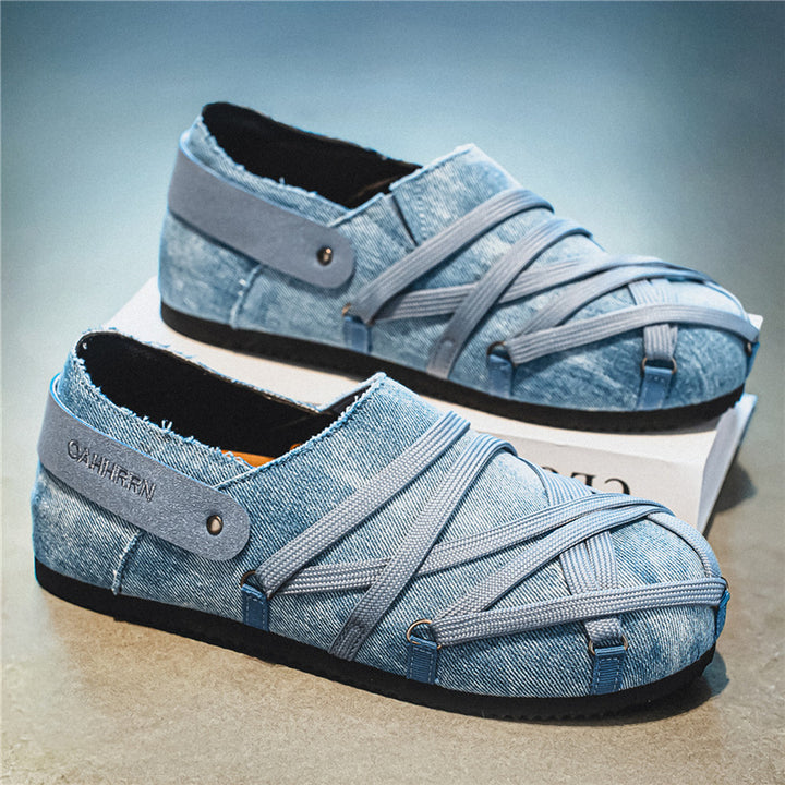 Herren lässige Slipper im Denim-Look mit elastischen Riemen, verstellbarem Fersenriemen und profilierter Gummisohle Drune