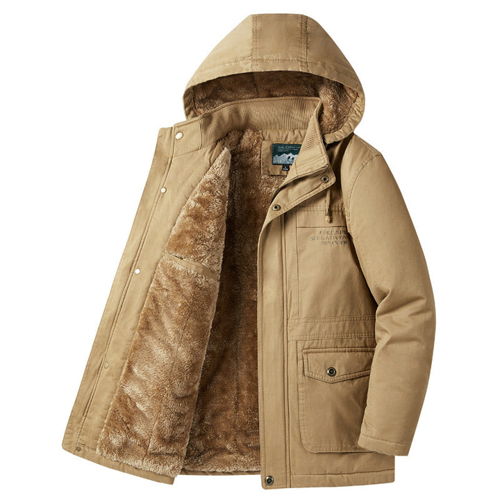 Herren Parka mit Teddyfutter, Kapuze und robuster Canvas-Außenschicht Drune