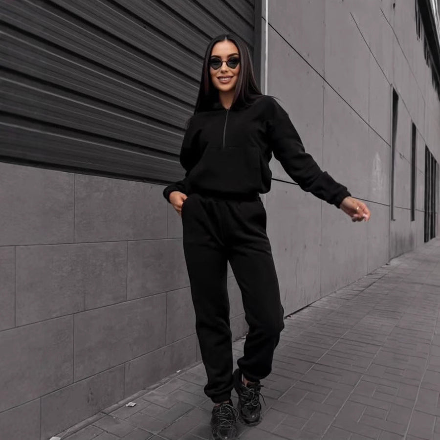 Damen sportliches Fleece-Set mit halbhohem Reißverschluss Kapuzenhoodie und lässiger Jogginghose Drune