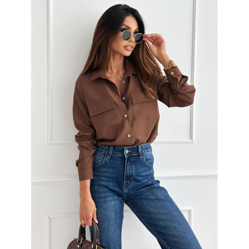 Damen Modische Bluse mit Taschen und Knopfdetails Drune