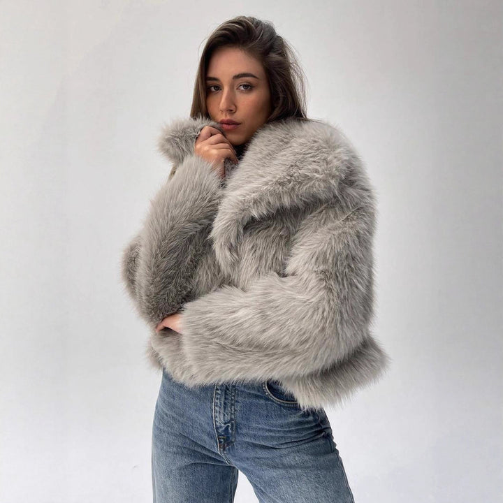 Damen Modischer Kunstpelz-Cropped-Jacke mit voluminösen Ärmeln Drune