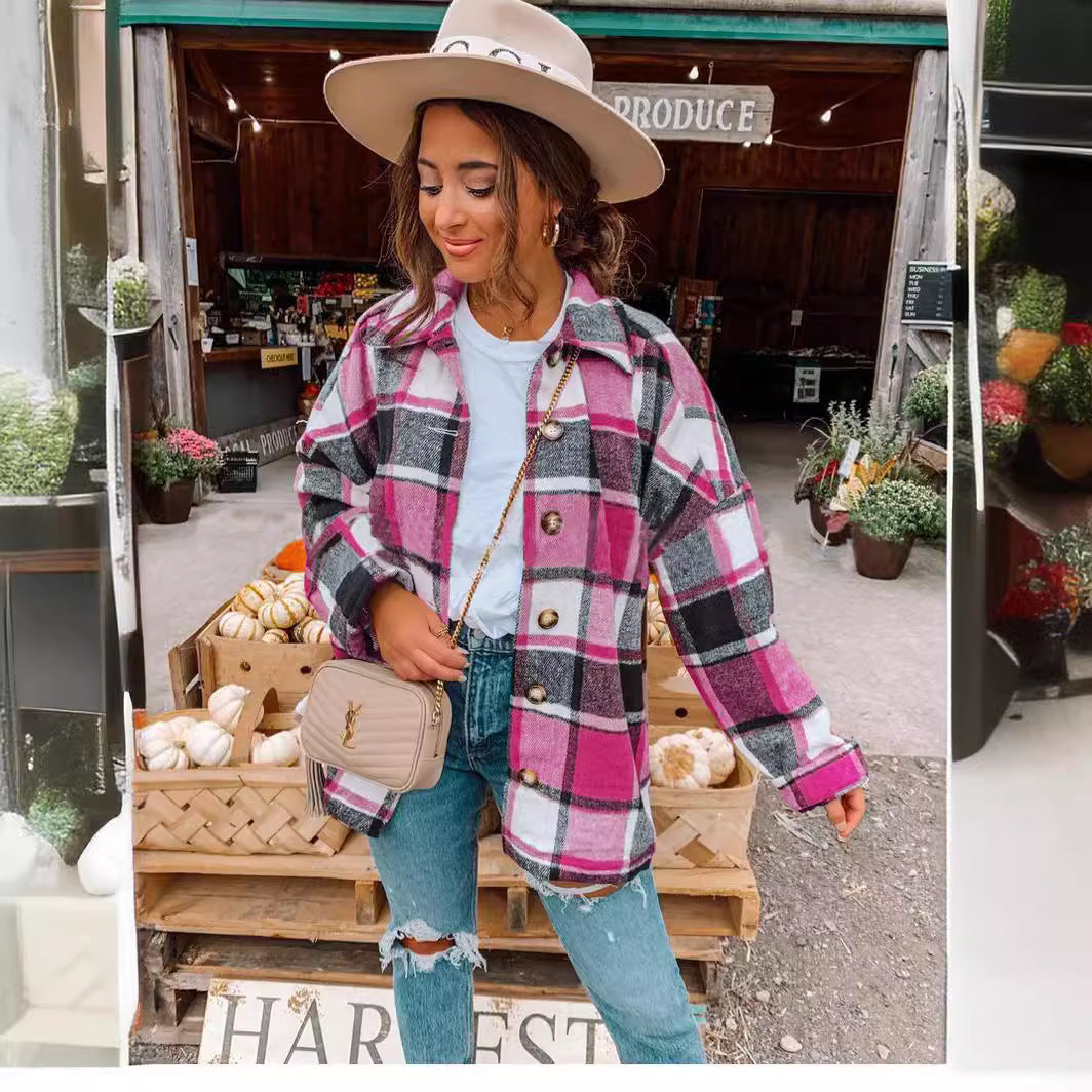 Damen Oversized Kariertes Flanell‑Shacket mit Brusttaschen und Holzknöpfen Drune
