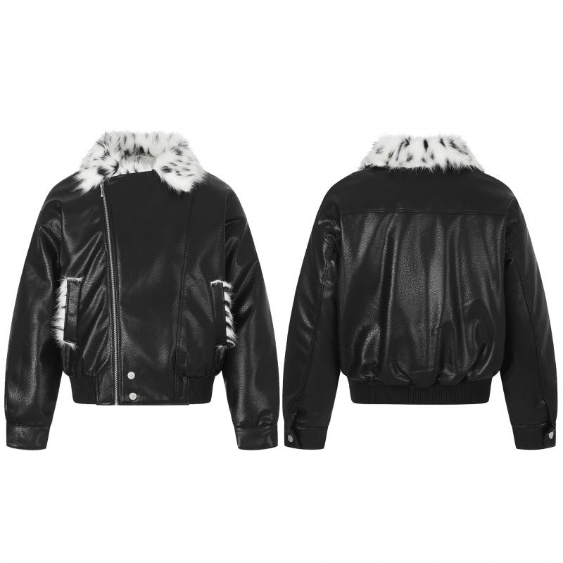 Damen Boxy Kunstleder-Bomberjacke mit asymmetrischem Reißverschluss und kuscheligem Kunstfellkragen Drune
