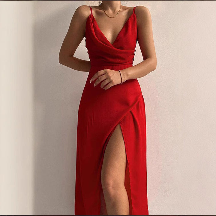 Damen elegantes Abendkleid mit Wickeldesign und hohem Schlitz Drune