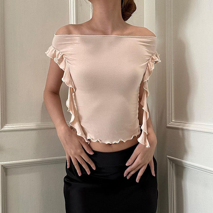 Damen Off-Shoulder Oberteil mit Rüschendetails und figurbetonter Passform Drune