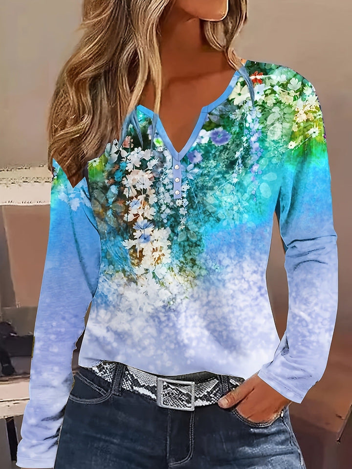 Damen Blütenmuster Langarmshirt mit Knopfleiste Drune