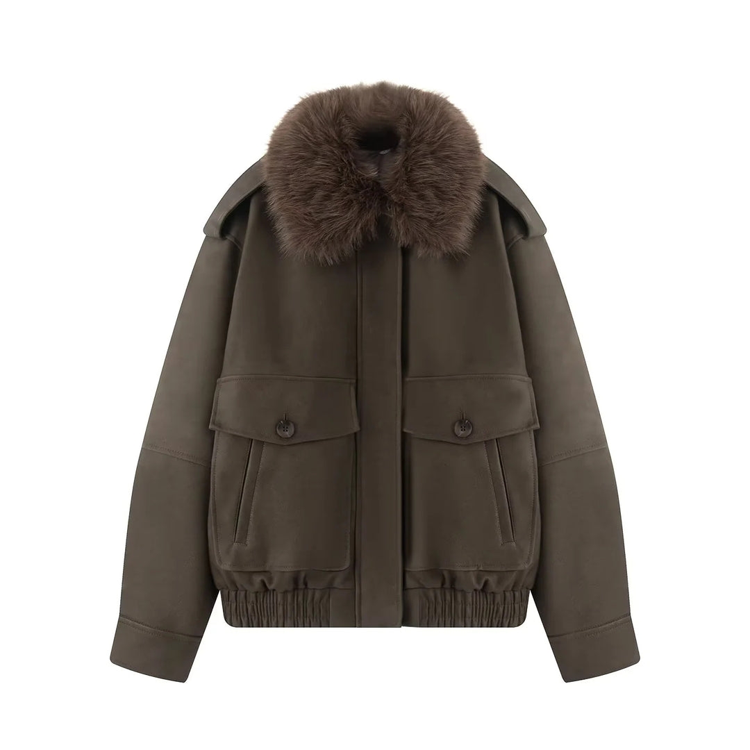 Damen nan gesteppte Bomberjacke im Aviator‑Look mit abnehmbarem Kunstfellkragen und aufgesetzten Klappentaschen Drune