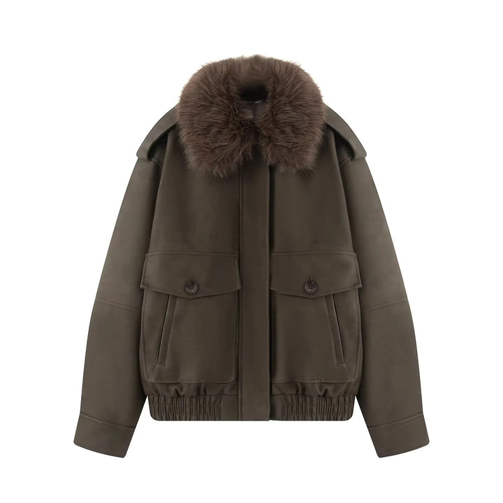 Damen nan gesteppte Bomberjacke im Aviator‑Look mit abnehmbarem Kunstfellkragen und aufgesetzten Klappentaschen Drune