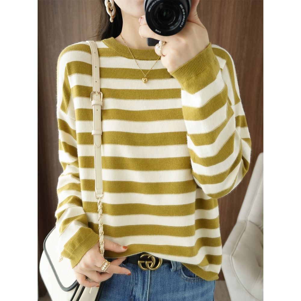 Damen lässiger Strickpullover mit breiten Streifen Drune
