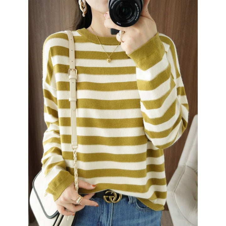 Damen lässiger Strickpullover mit breiten Streifen Drune