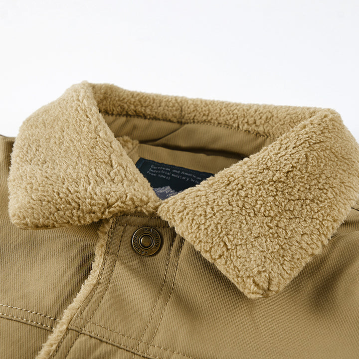 Herren  Fleece gefütterte Arbeitsjacke Truckerjacke mit Sherpa-Kragen Knopfverschluss und Brustklapptasche Drune