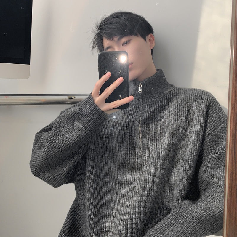 Herren Modischer Strickpullover mit hohem Kragen und Reißverschluss Drune