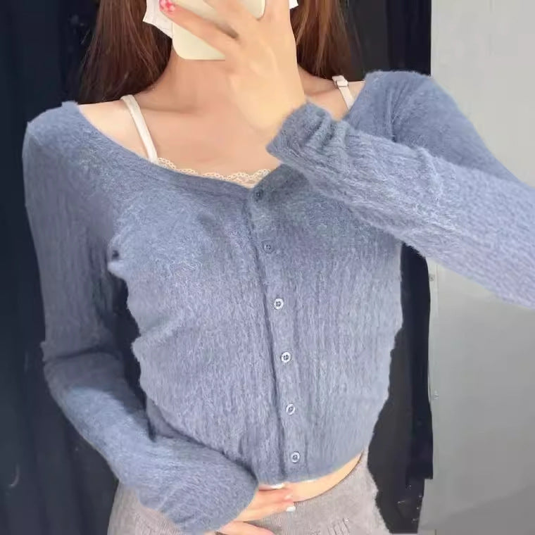 Damen modische Strickjacke mit V-Ausschnitt und Knopfverschluss Drune