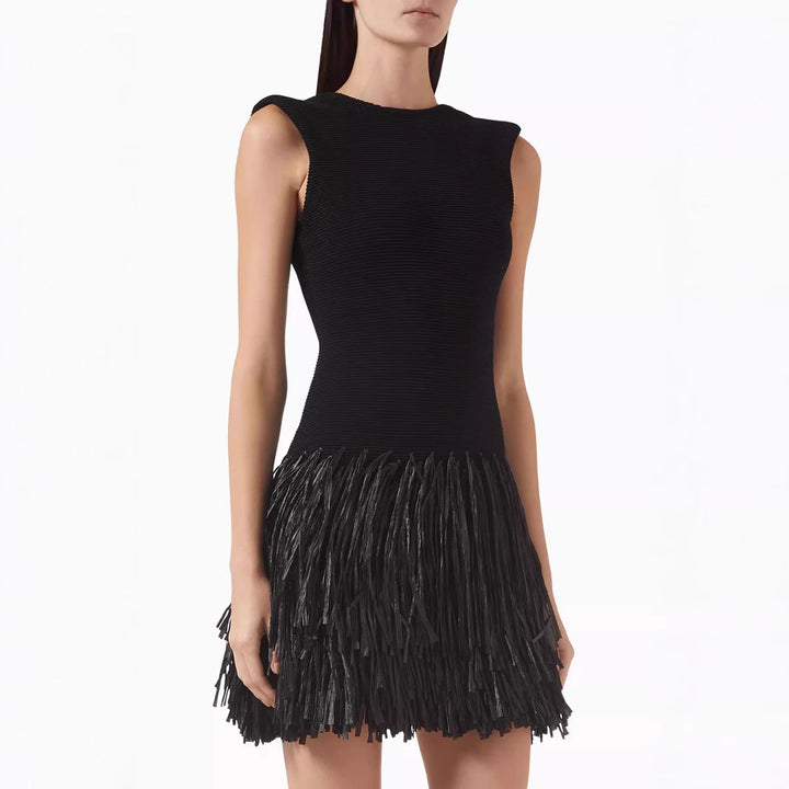 Damen Figurbetontes Mini-Kleid mit Fransen und Rundhalsausschnitt Drune