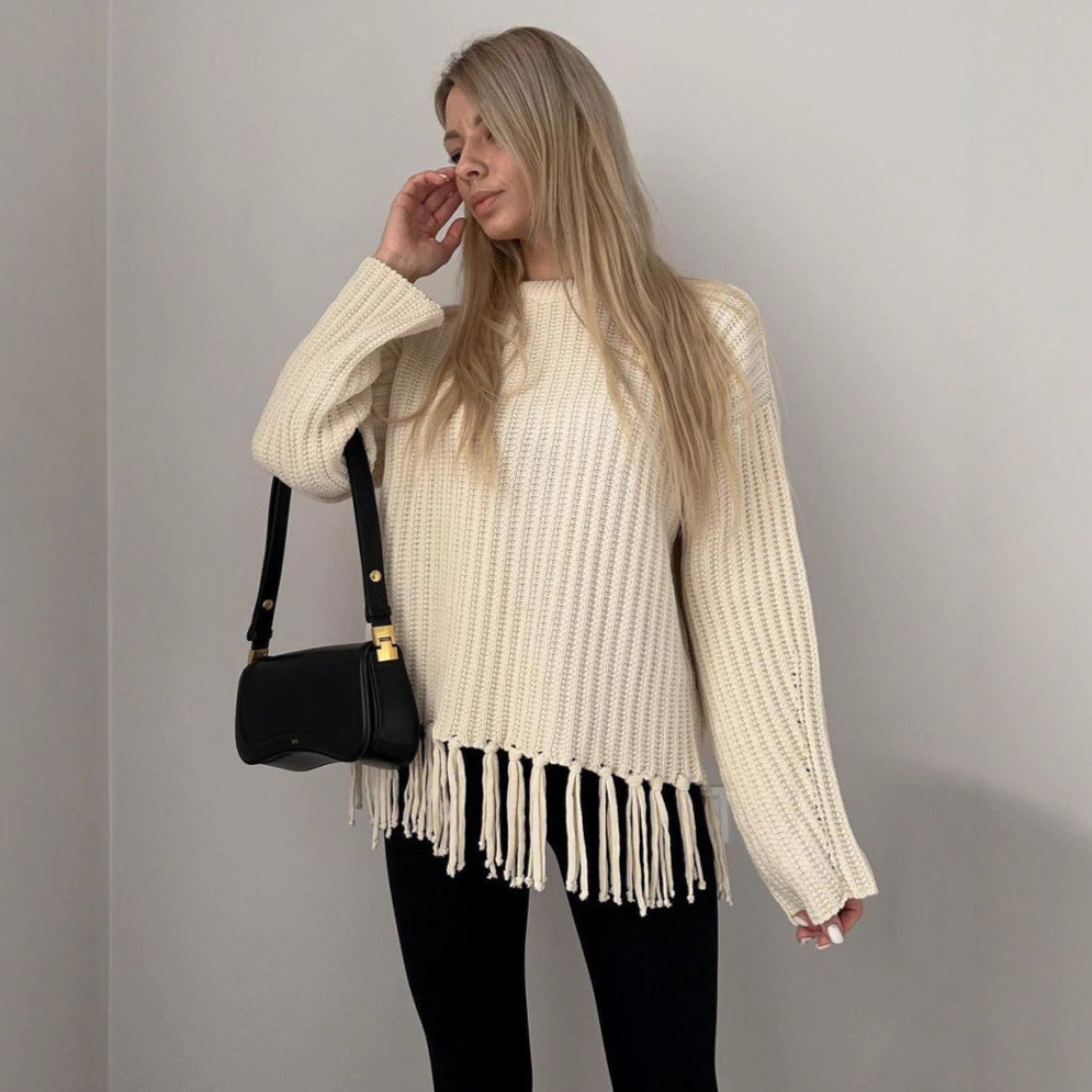 Damen lässiger Rippstrick-Pullover mit Fransen-Saum und Oversize-Silhouette Drune