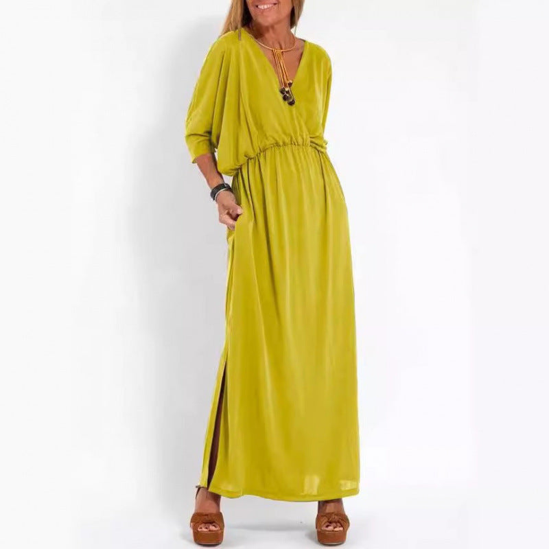 Damen lässiges Maxikleid mit V-Ausschnitt und seitlichen Schlitzen Drune