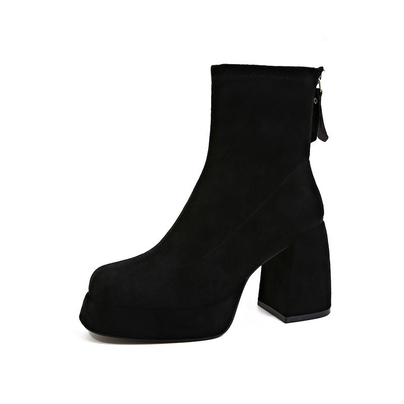 Damen Plateau‑AnklDruneoots aus Veloursleder mit hohem Blockabsatz Drune