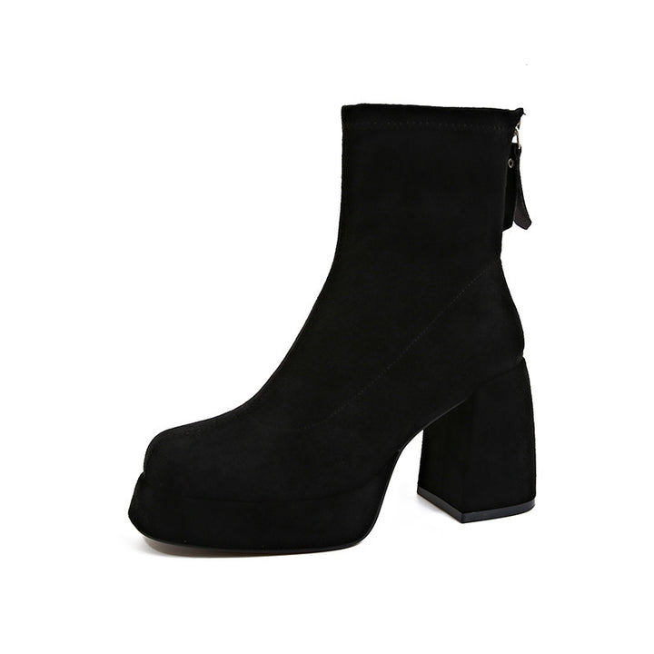Damen Plateau‑AnklDruneoots aus Veloursleder mit hohem Blockabsatz Drune