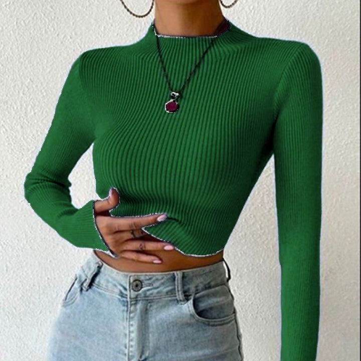 Damen Gerippter Cropped Feinstrickpullover mit Stehkragen Drune