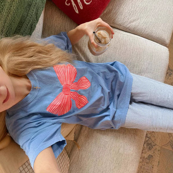 Damen gemütliches T-Shirt mit verspieltem Schleifenmotiv Drune