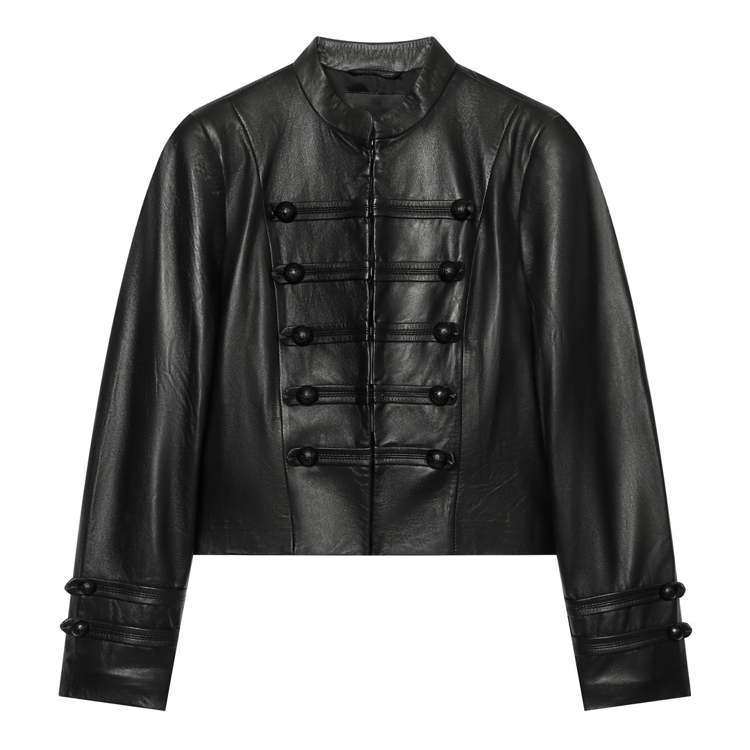 Damen Cropped Kunstlederjacke im Mandarin Militärestik mit Zierkordeln und Stehkragen Drune