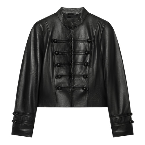 Damen Cropped Kunstlederjacke im Mandarin Militärestik mit Zierkordeln und Stehkragen Drune