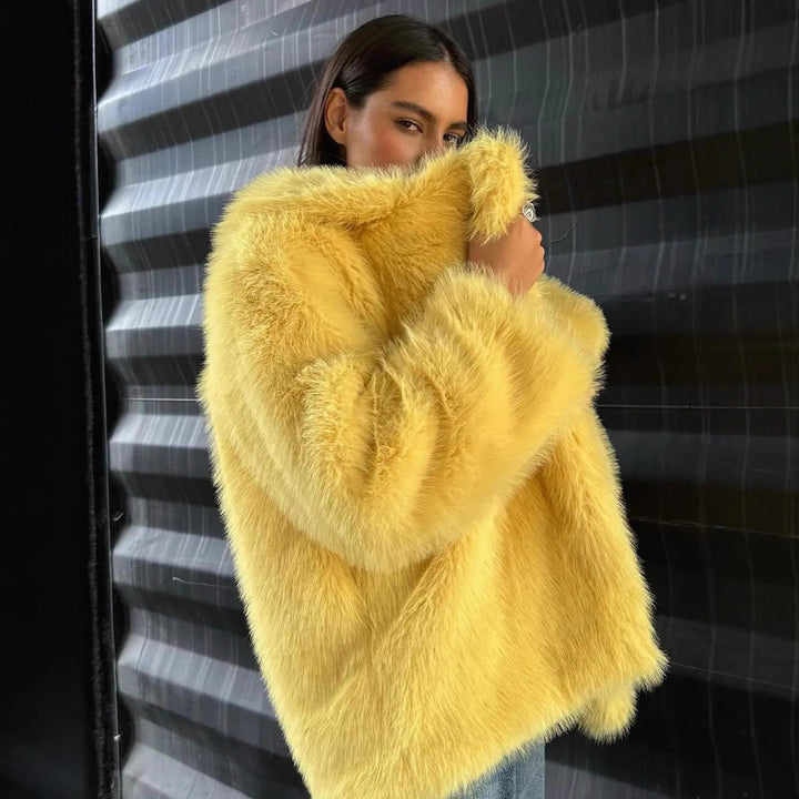 Damen Kurzer Oversize Kunstpelz-Mantel mit voluminösem Schalkragen Drune