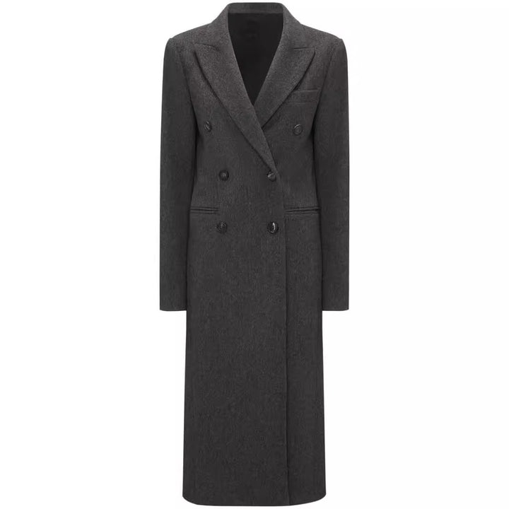 Damen Doppelreihiger Longcoat im Tailoring‑Look mit schmaler Silhouette und markanter Schulter Drune