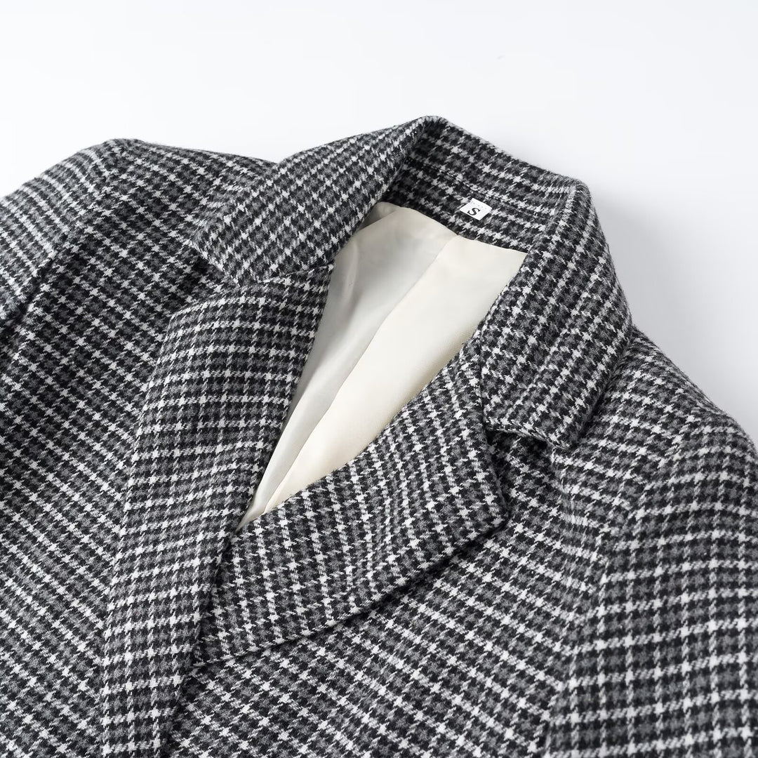 Damen Cropped Wollmischblazer mit Hahnentritt‑Muster und doppelreihiger Knopfleiste Drune