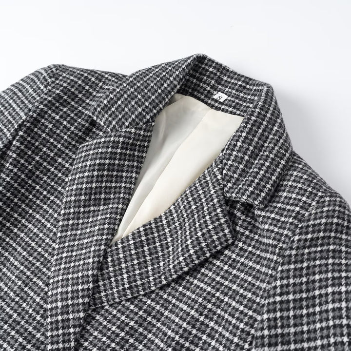 Damen Cropped Wollmischblazer mit Hahnentritt‑Muster und doppelreihiger Knopfleiste Drune