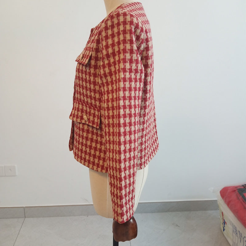 Damen nan taillierte Bouclé-Tweed-Jacke mit Hahnentrittmuster, goldenen Zierknöpfen und aufgesetzten Klappentaschen Drune