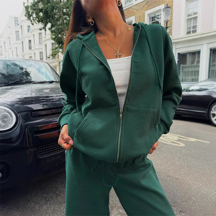 Damen gekürztes Kapuzen-Sweatshirt mit Oversize-Ärmeln und high-waist Wide-Leg Freizeithose Drune