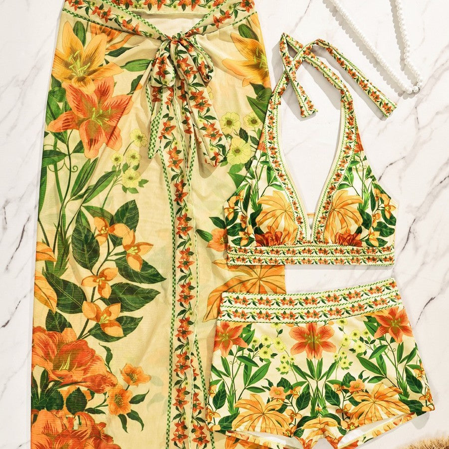 Damen Bikiniset mit floralem langen Überwurf Drune