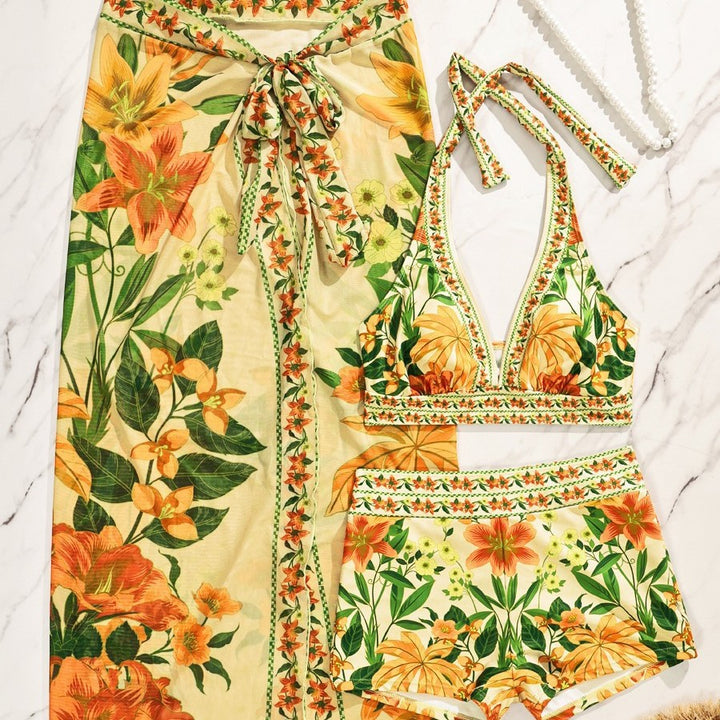 Damen Bikiniset mit floralem langen Überwurf Drune