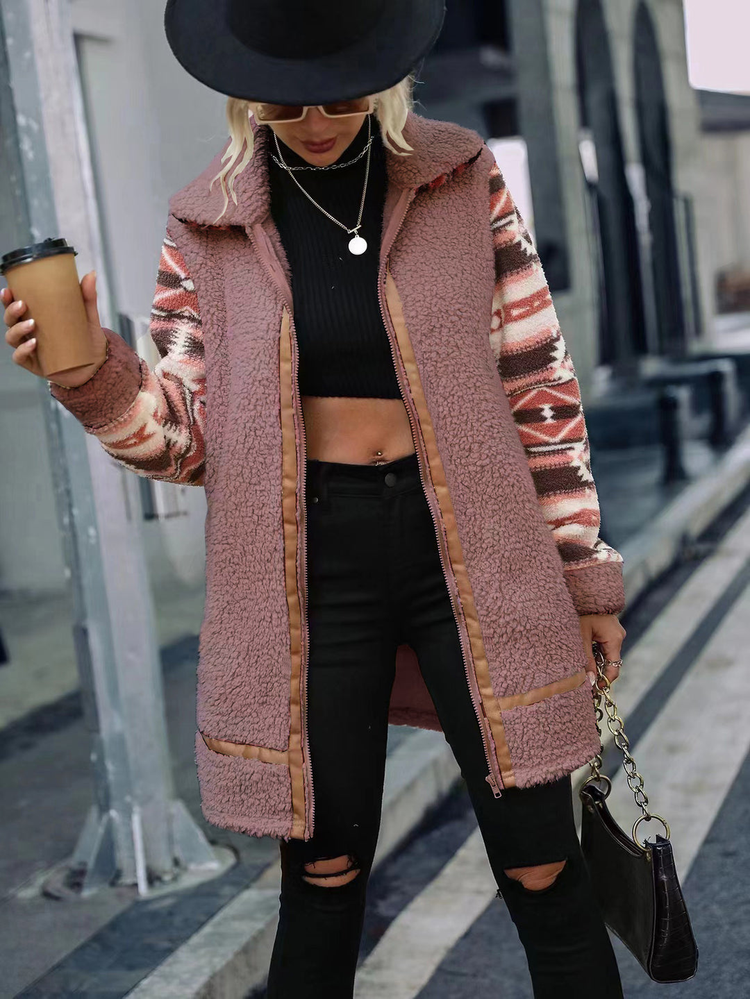 Damen Fleecefutter lange Jacke mit modischem Muster und praktisch integrierten Taschen Drune
