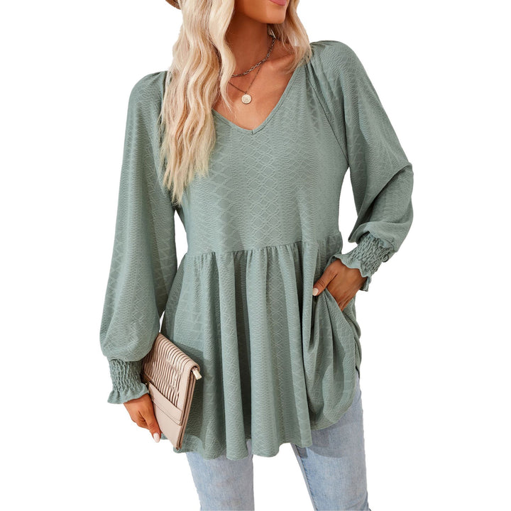 Damen lässiges V-Ausschnitt Blusenshirt mit Rüschen und Taschen Drune
