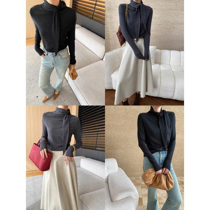 Damen elegantes Longsleeve mit Wickelkragen Drune