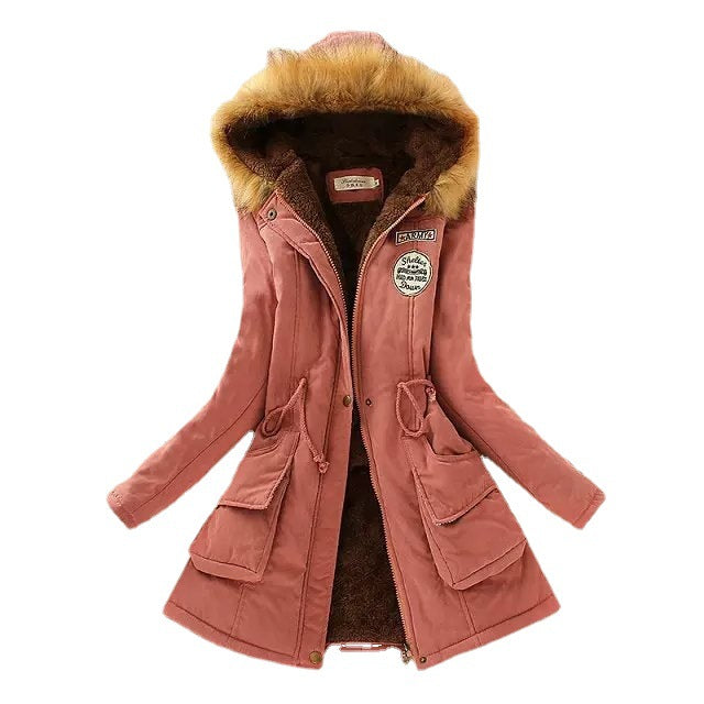 Damen nan gefütterter Parka-Mantel mit Kapuze, Kunstfellbesatz und Taillenzug Drune