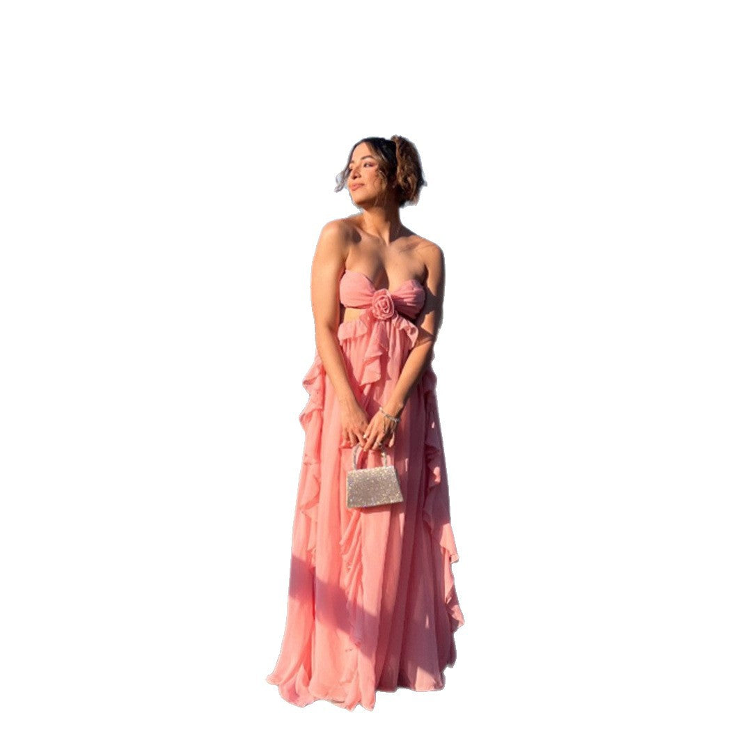 Damen Elegant fließendes Maxikleid mit Rüschendetails und Blumenapplikation Drune