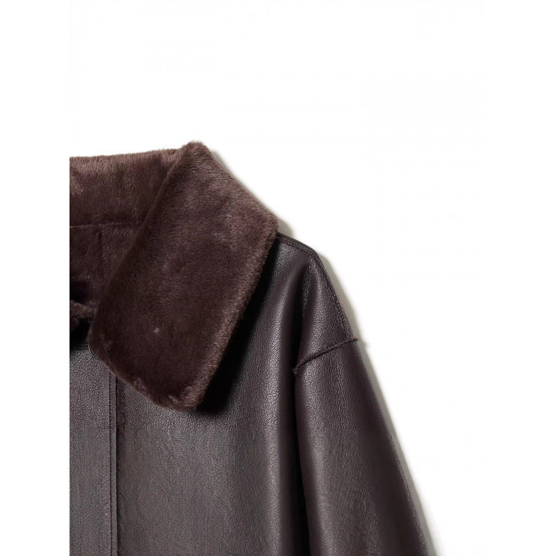 Damen Kurze Wende‑Lammfelljacke mit vollem Umlegekragen und warmer Teddyfütterung Drune