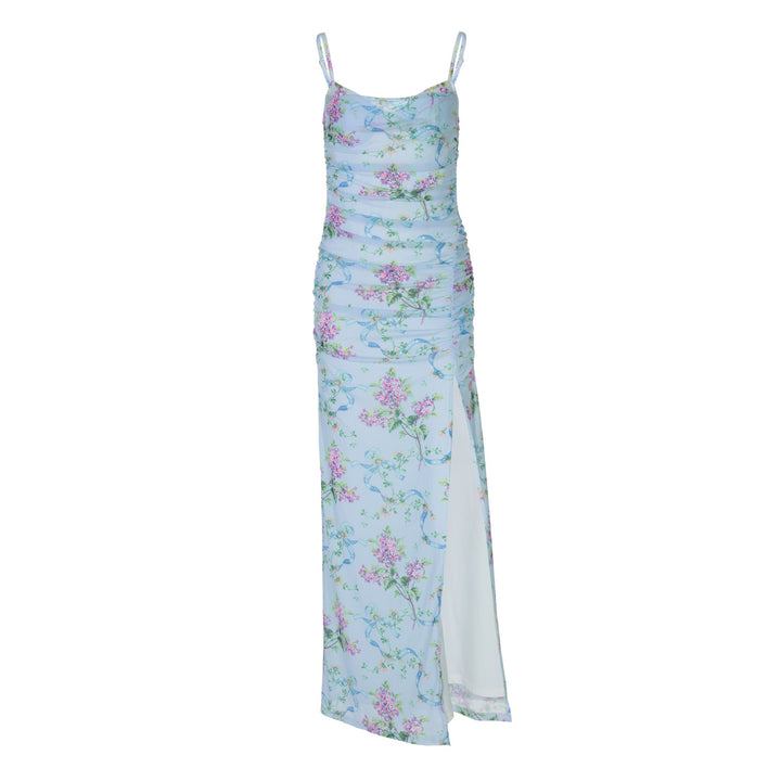 Damen Maxi-Kleid mit floralen Rüschen und seitlichem Schlitz Drune
