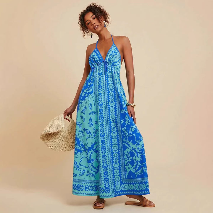 Damen Maxikleid mit tiefem V-Ausschnitt und floralen Musterdetails Drune