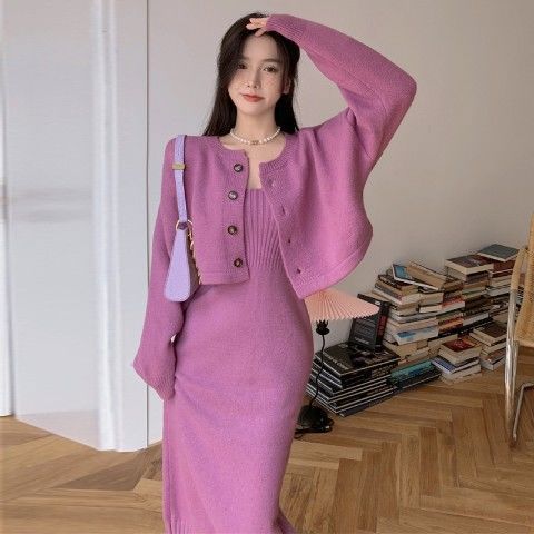 Damen Strickensemble mit taillierter Jacke und figurbetontem Kleid Drune